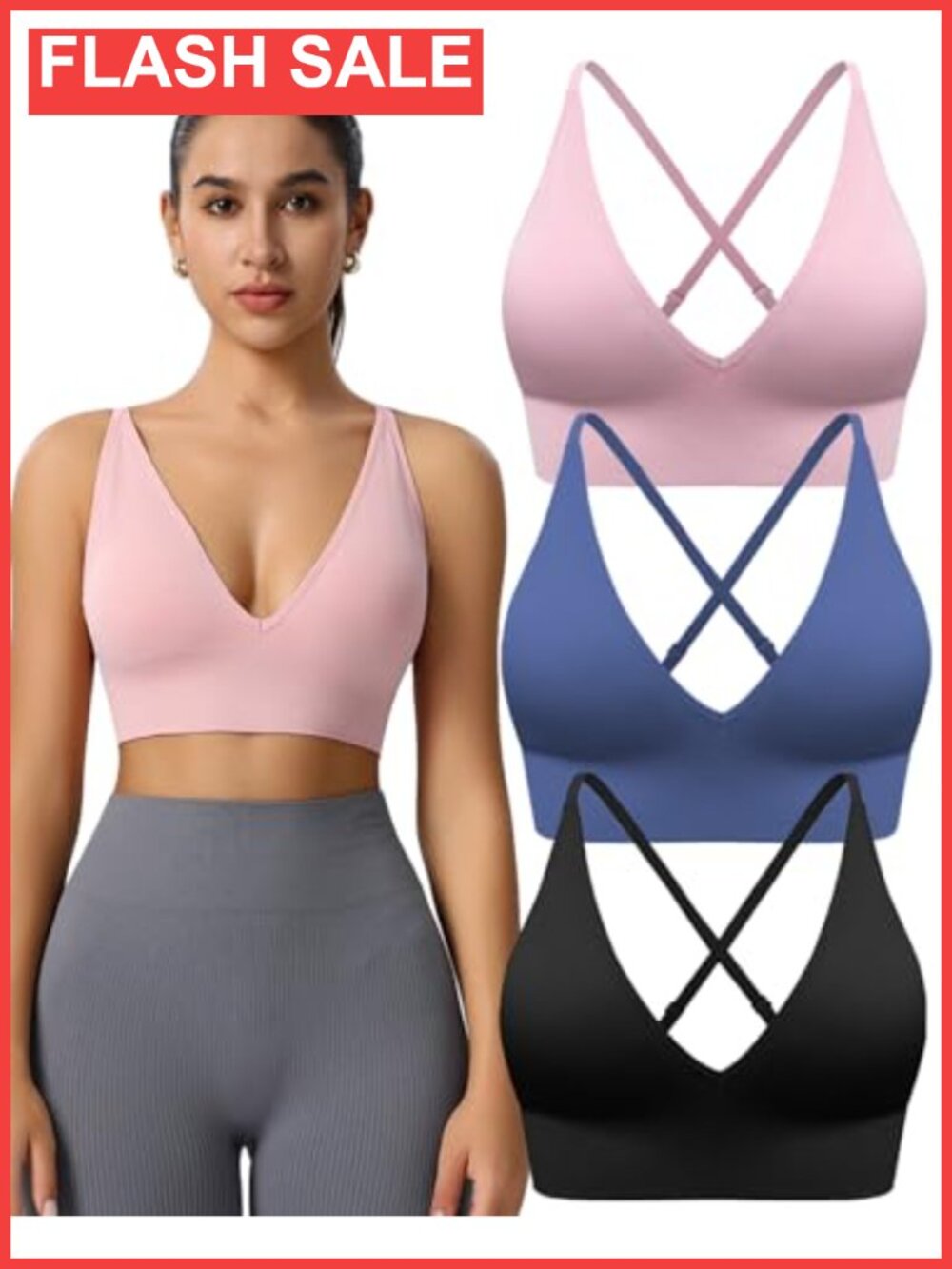 Seamless V Neck Sports Bras Adjustable Wireless Padded Bralette 3 Pack
